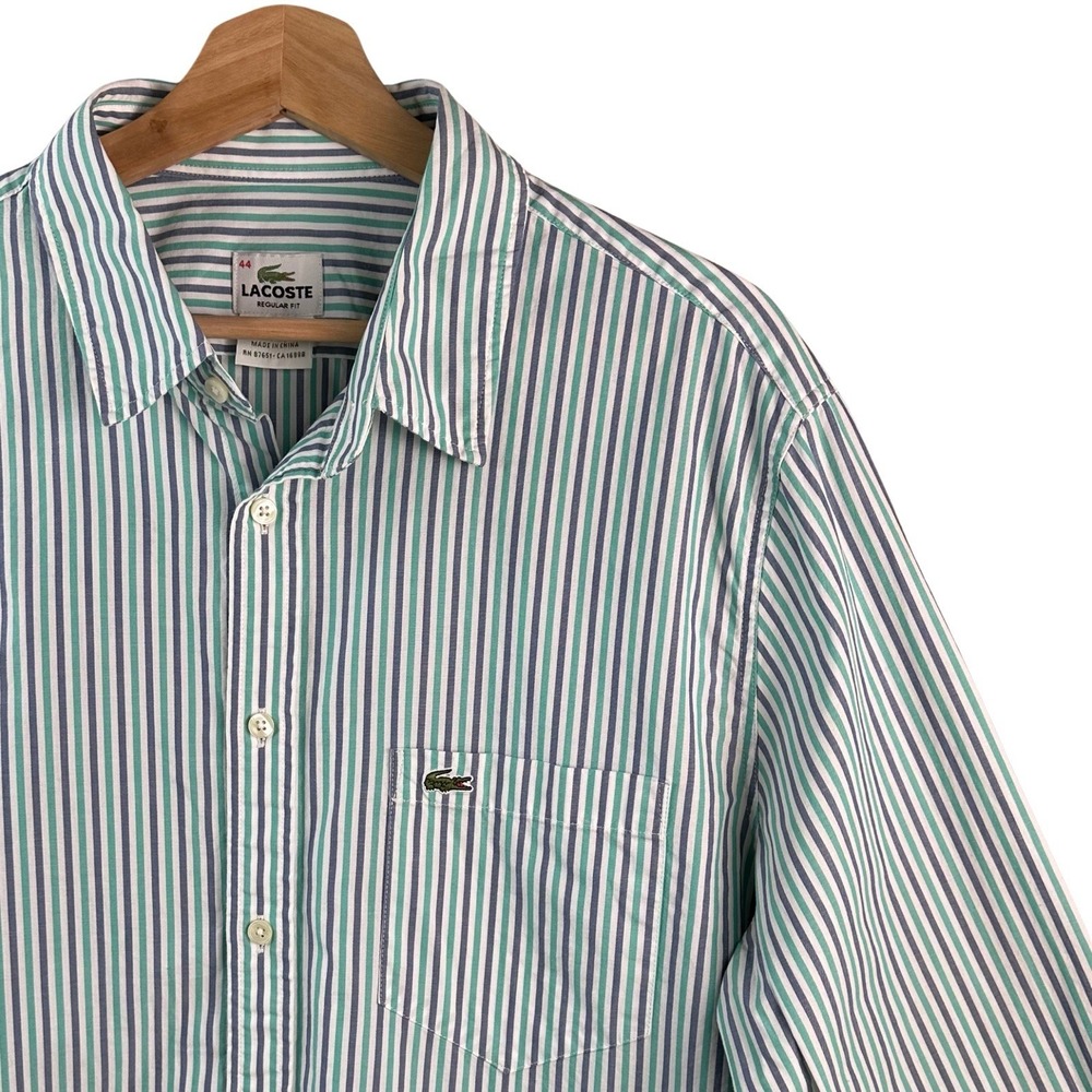 Lacoste Regular Fit Men's 44 Teal Blue White Stripe 100%Cotton Preppy Shirt